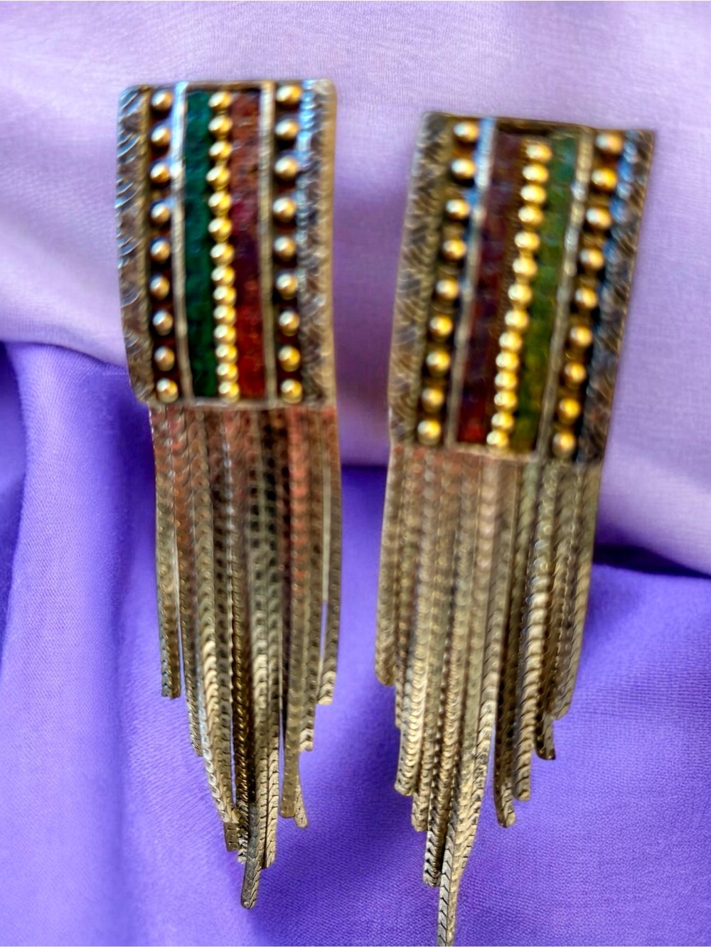 Vintage Turkish Metal Earrings Chain Fringe Dangle Tri-color CLIP-ON